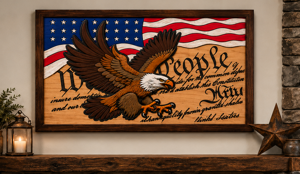 Handcrafted Bald Eagle & Constitution American Flag Wall Art