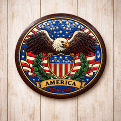 Decorative wall plaque with an eagle and American flag design on a wooden background