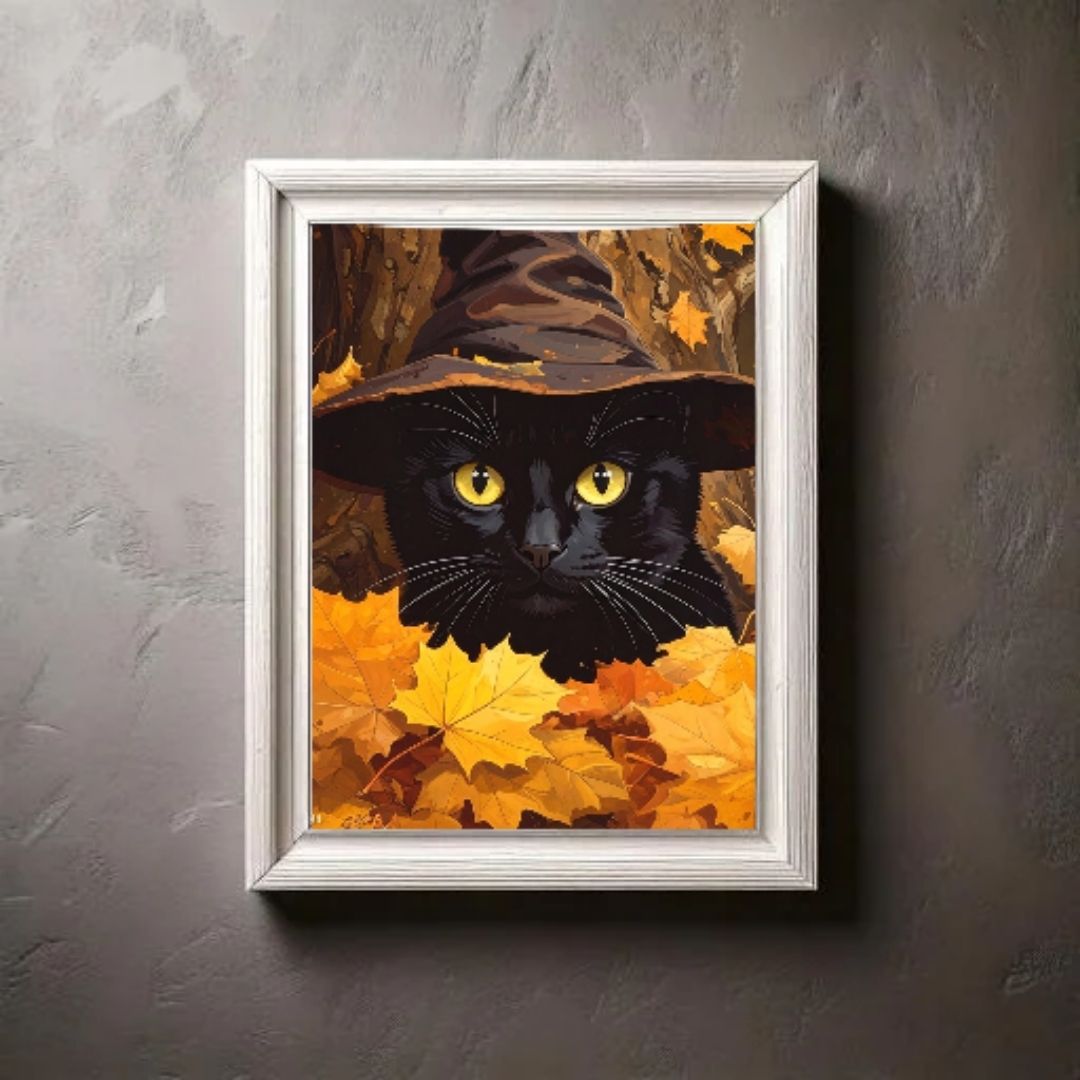 Black cat in leaves