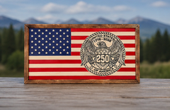 Handcrafted wooden American flag wall art featuring America 250 eagle emblem commemorating 1776–2026 anniversary