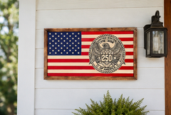Handcrafted wooden American flag wall art featuring America 250 eagle emblem commemorating 1776–2026 anniversary