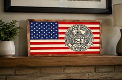 Handcrafted wooden American flag wall art featuring America 250 eagle emblem commemorating 1776–2026 anniversary