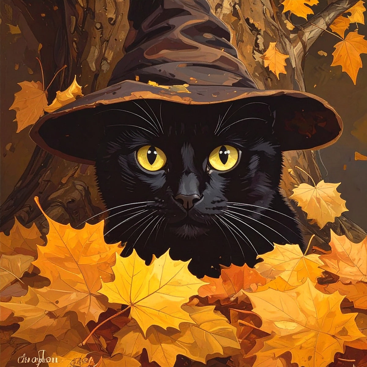 Black cat in leaves